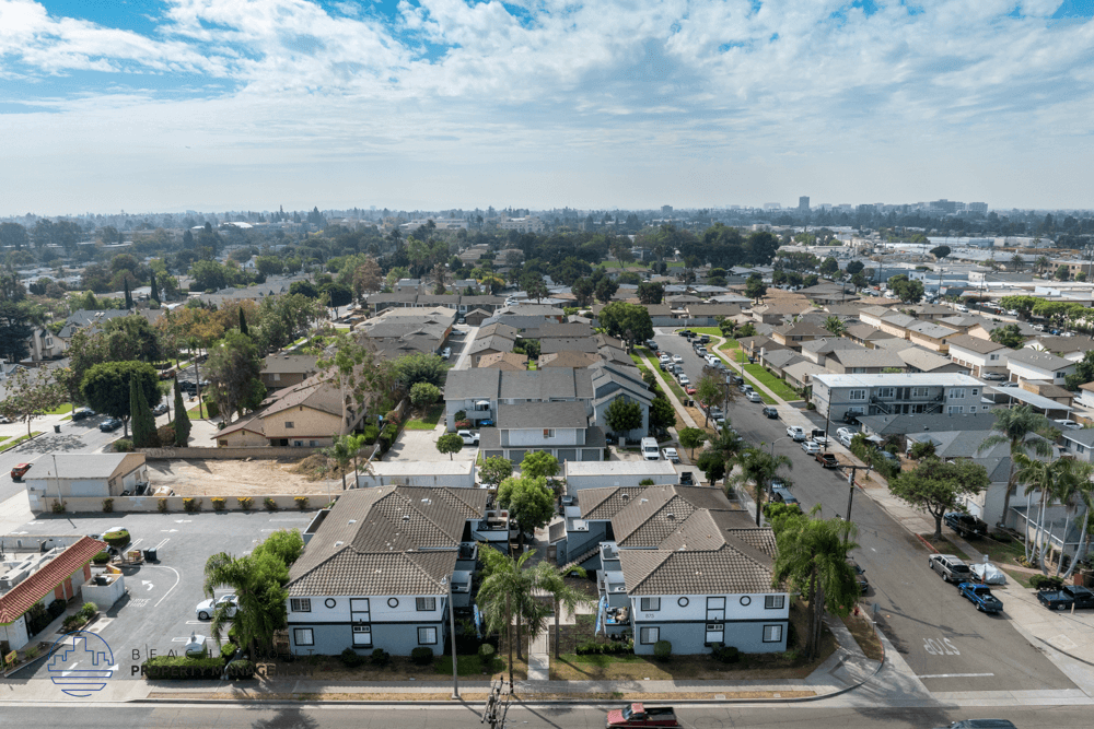 A residential area with houses and streets.